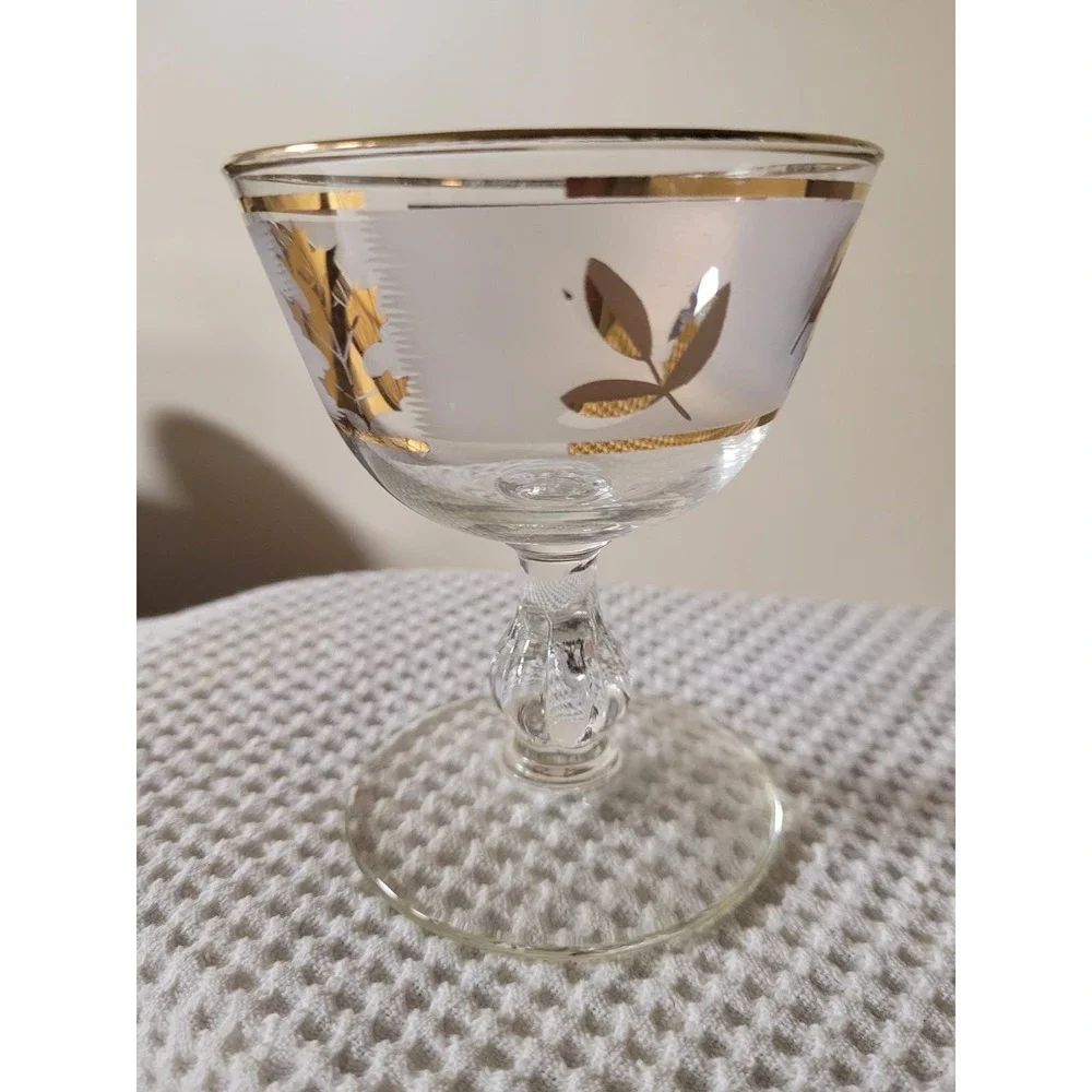 Vintage Mid-Century Frosted Gold Leaf‎ Champagne Coupe Sherbet Glasses Set of 14